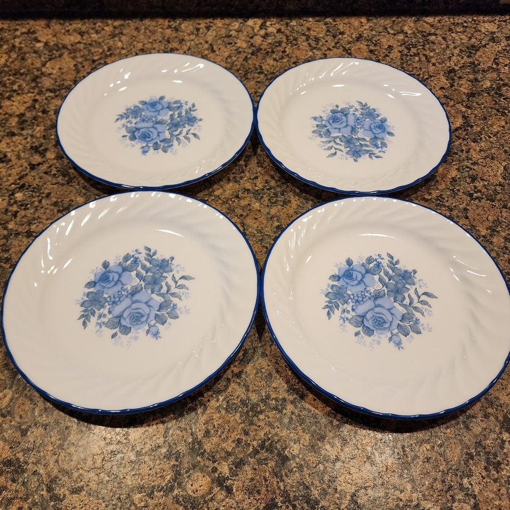 Corelle Blue Velvet Rose Swirl 7" Plates, Set Of 4